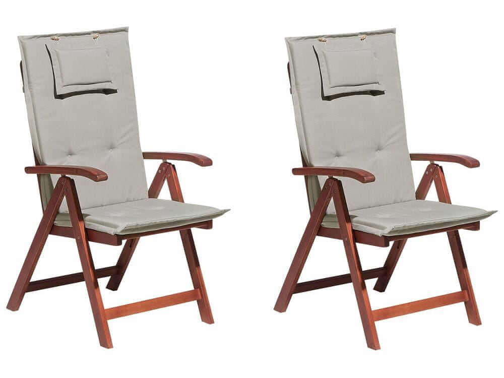 Beliani Sada 2 drevených záhradných stoličiek s béžovými a sivými vankúšmi TOSCANA